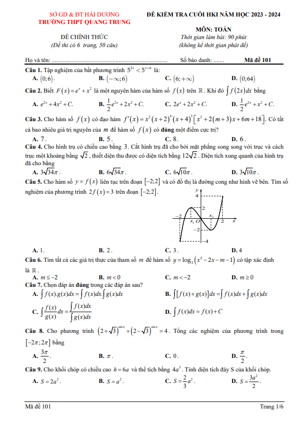 Đề cuối kì 1 Toán 12 năm 2023 2024 trường THPT Quang Trung Hải Dương