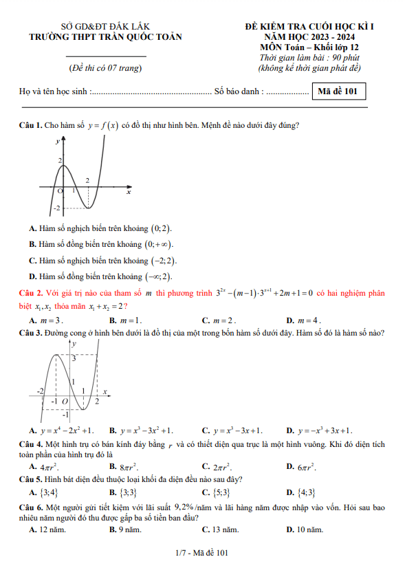 Đề cuối kì 1 Toán 12 năm 2023 2024 trường THPT Trần Quốc Toản Đắk Lắk