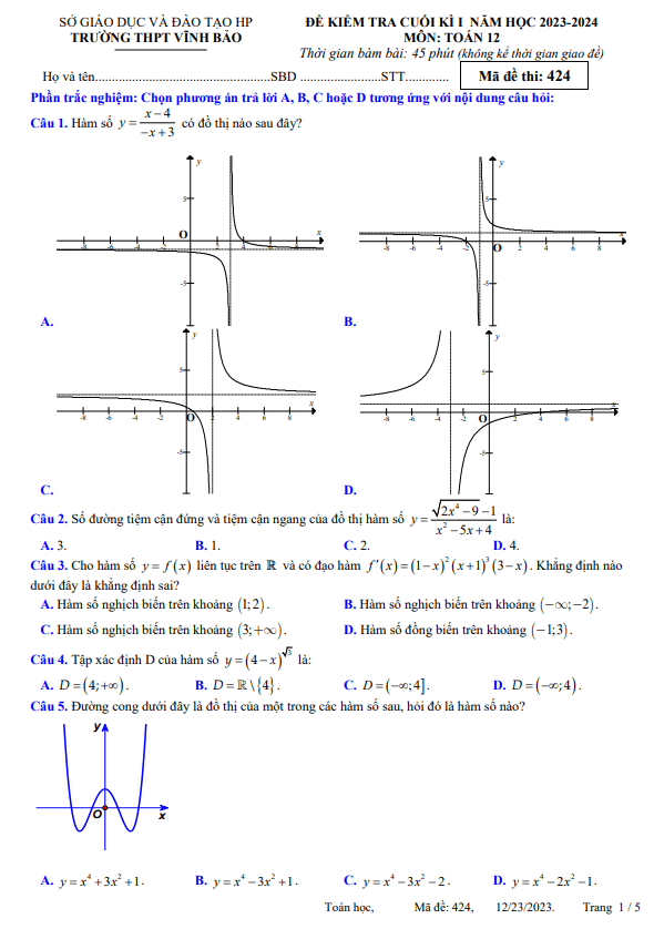 Đề cuối kì 1 Toán 12 năm 2023 2024 trường THPT Vĩnh Bảo Hải Phòng