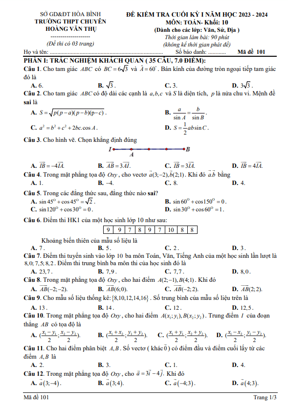 Đề cuối kỳ 1 Toán 10 năm 2023 2024 trường chuyên Hoàng Văn Thụ Hòa Bình