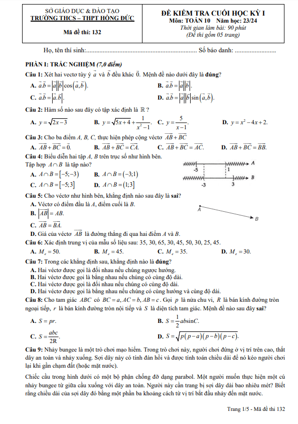 Đề cuối kỳ 1 Toán 10 năm 2023 2024 trường THCS THPT Hồng Đức TP HCM