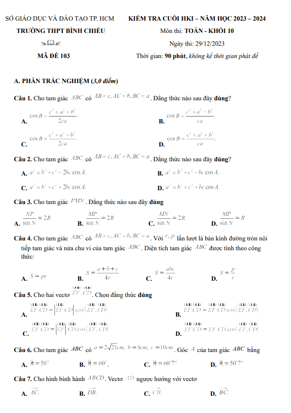 Đề cuối kỳ 1 Toán 10 năm 2023 2024 trường THPT Bình Chiểu TP HCM