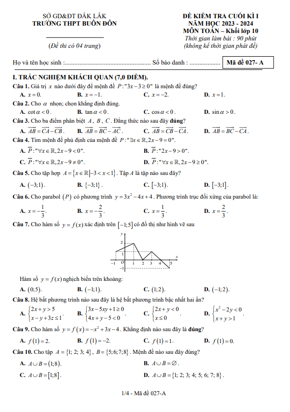 Đề cuối kỳ 1 Toán 10 năm 2023 2024 trường THPT Buôn Đôn Đắk Lắk