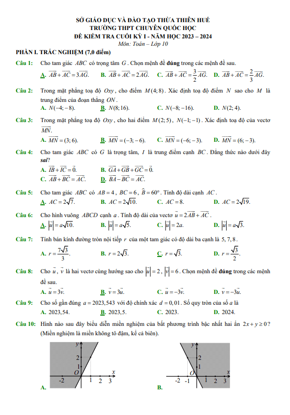 Đề cuối kỳ 1 Toán 10 năm 2023 2024 trường THPT chuyên Quốc học Huế