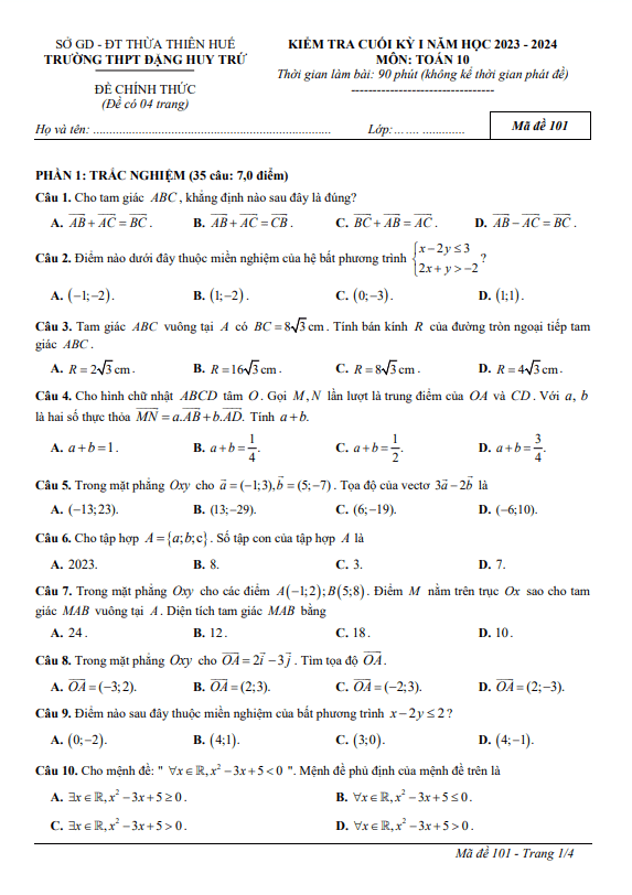Đề cuối kỳ 1 Toán 10 năm 2023 2024 trường THPT Đặng Huy Trứ TT Huế