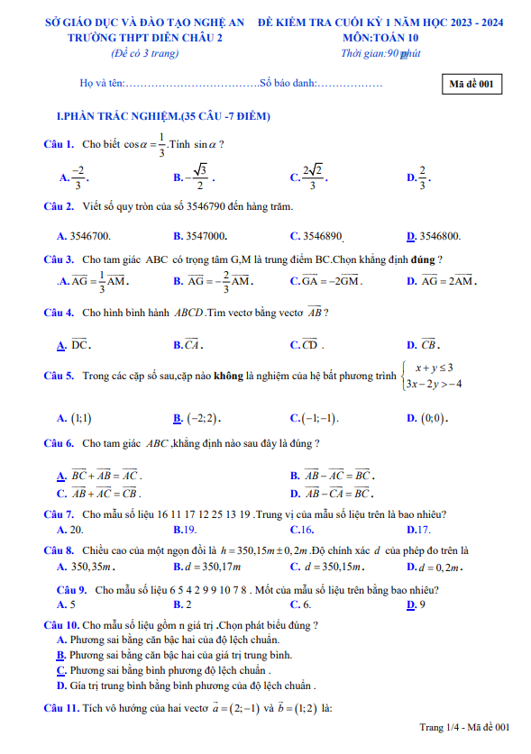 Đề cuối kỳ 1 Toán 10 năm 2023 2024 trường THPT Diễn Châu 2 Nghệ An