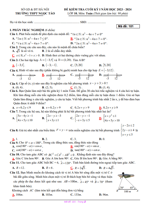 Đề cuối kỳ 1 Toán 10 năm 2023 2024 trường THPT Ngọc Tảo Hà Nội