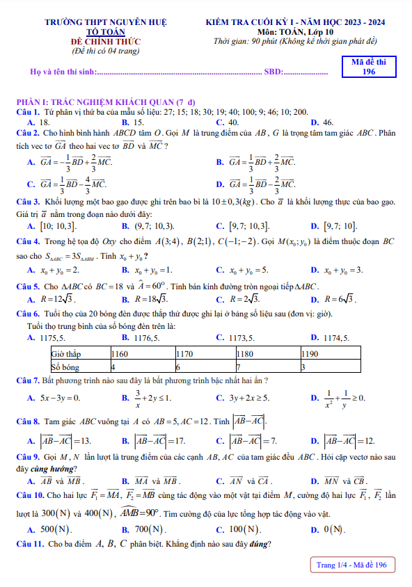 Đề cuối kỳ 1 Toán 10 năm 2023 2024 trường THPT Nguyễn Huệ TT Huế