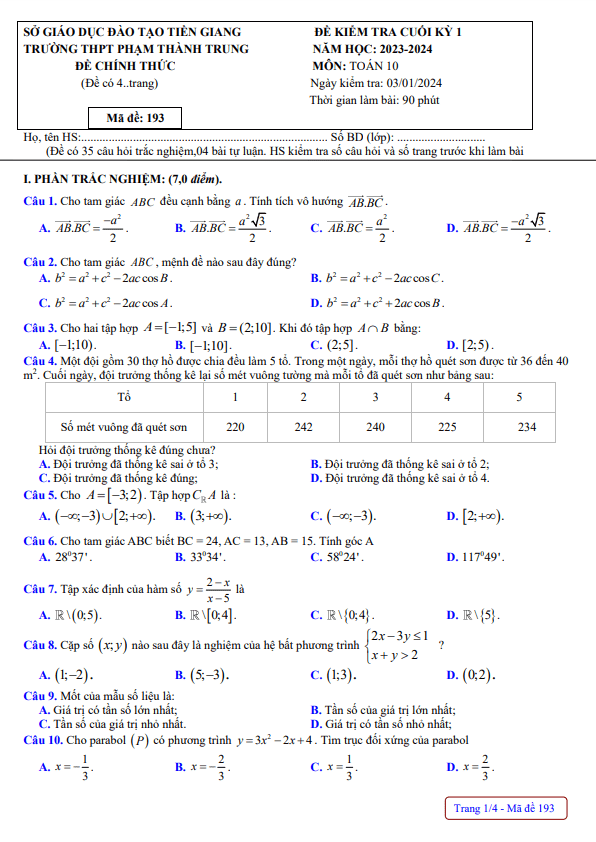Đề cuối kỳ 1 Toán 10 năm 2023 2024 trường THPT Phạm Thành Trung Tiền Giang