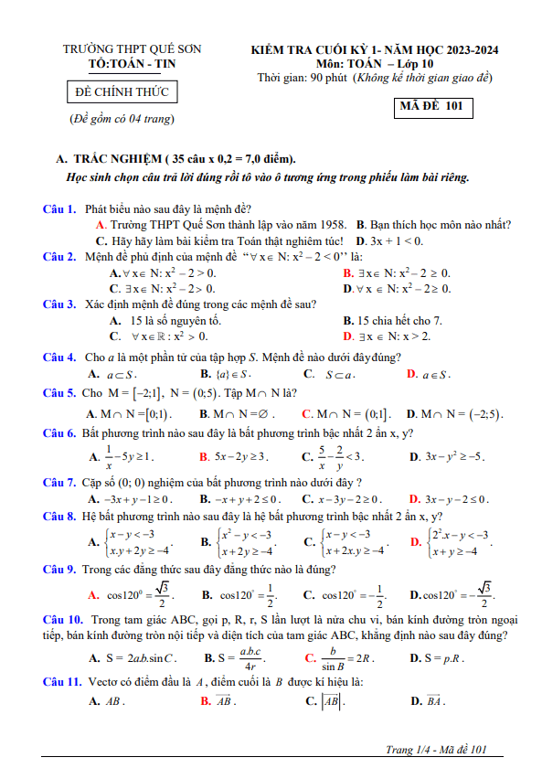 Đề cuối kỳ 1 Toán 10 năm 2023 2024 trường THPT Quế Sơn Quảng Nam