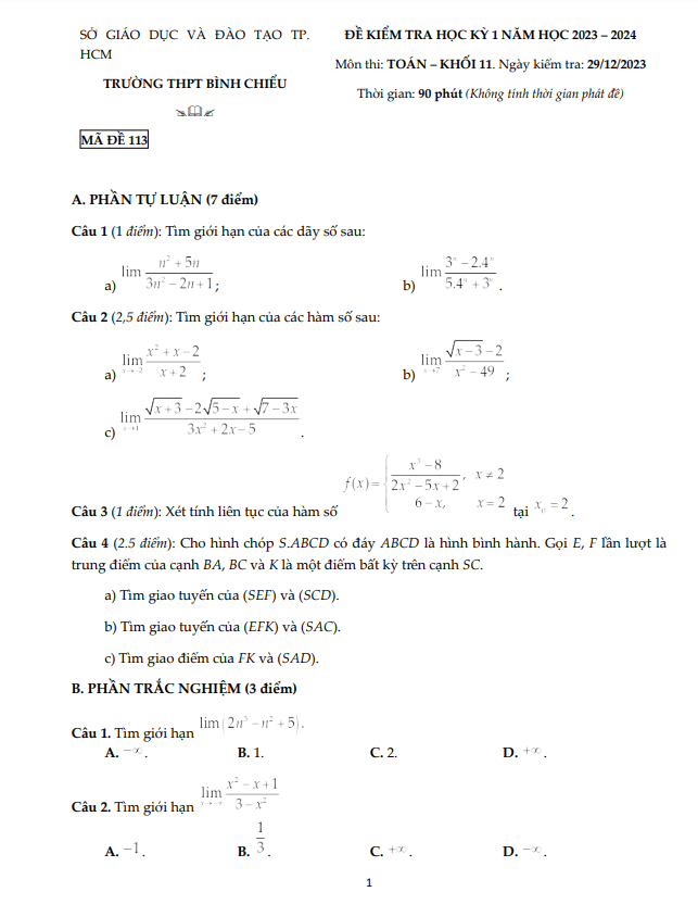 Đề cuối kỳ 1 Toán 11 năm 2023 2024 trường THPT Bình Chiểu TP HCM