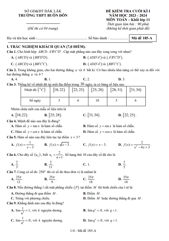 Đề cuối kỳ 1 Toán 11 năm 2023 2024 trường THPT Buôn Đôn Đắk Lắk