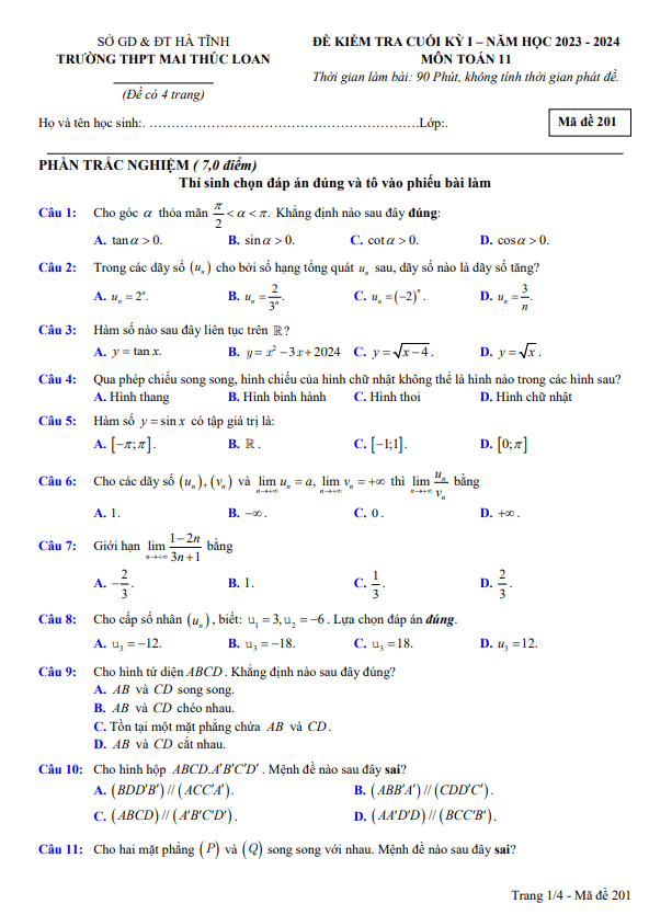 Đề cuối kỳ 1 Toán 11 năm 2023 2024 trường THPT Mai Thúc Loan Hà Tĩnh