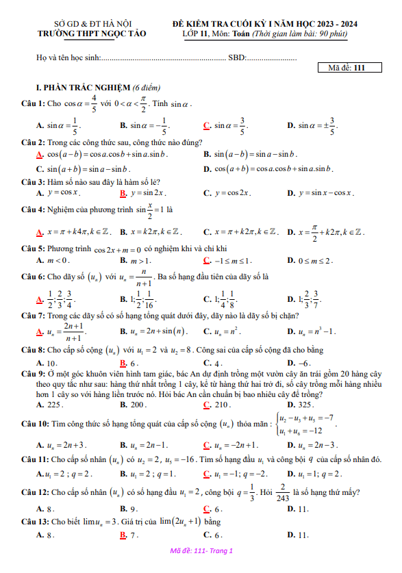 Đề cuối kỳ 1 Toán 11 năm 2023 2024 trường THPT Ngọc Tảo Hà Nội