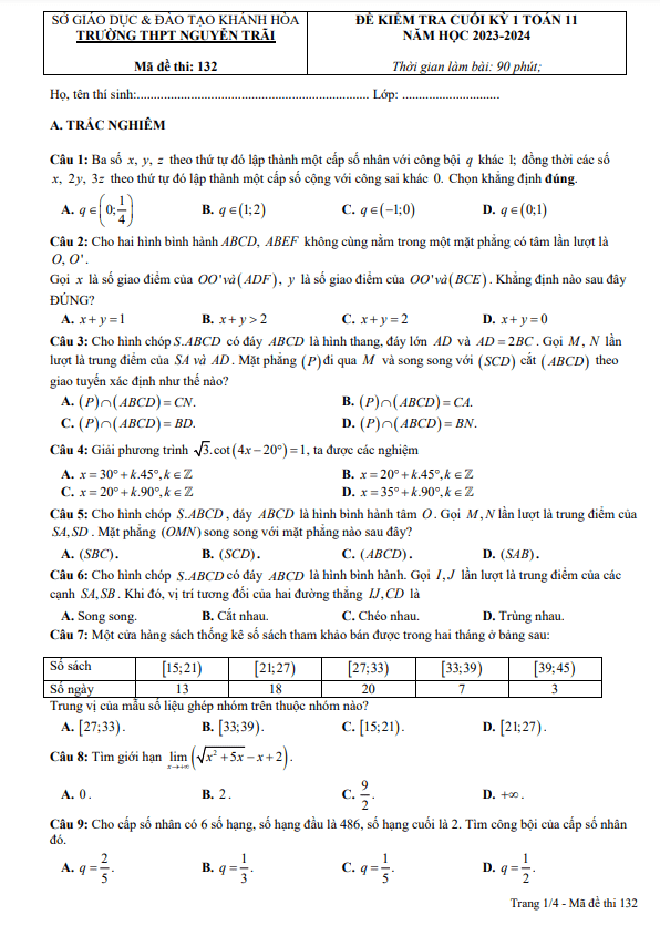 Đề cuối kỳ 1 Toán 11 năm 2023 2024 trường THPT Nguyễn Trãi Khánh Hòa