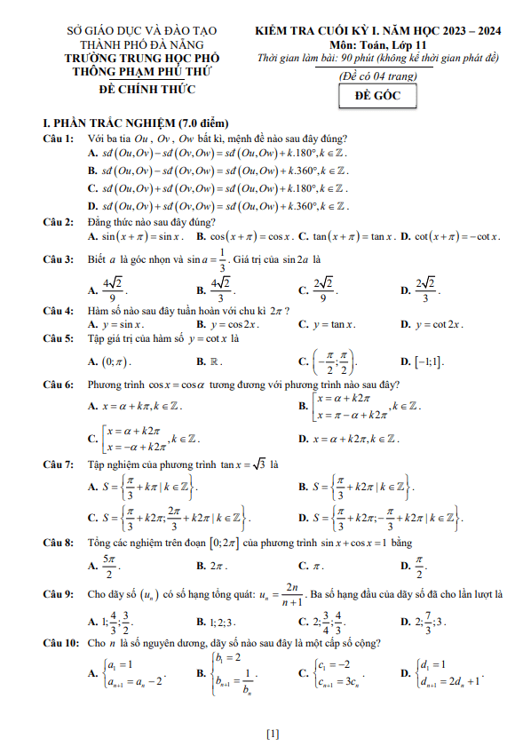 Đề cuối kỳ 1 Toán 11 năm 2023 2024 trường THPT Phạm Phú Thứ Đà Nẵng