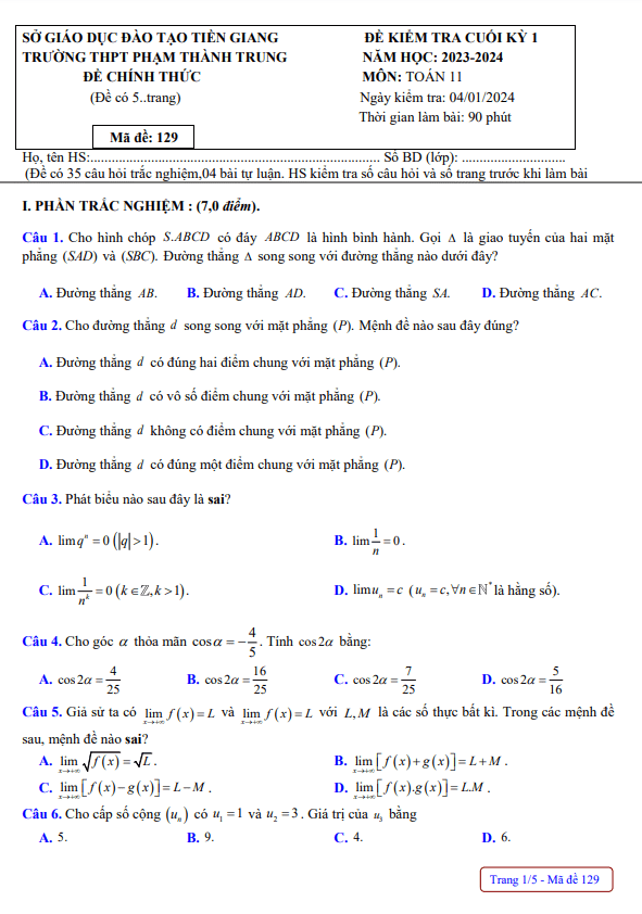Đề cuối kỳ 1 Toán 11 năm 2023 2024 trường THPT Phạm Thành Trung Tiền Giang