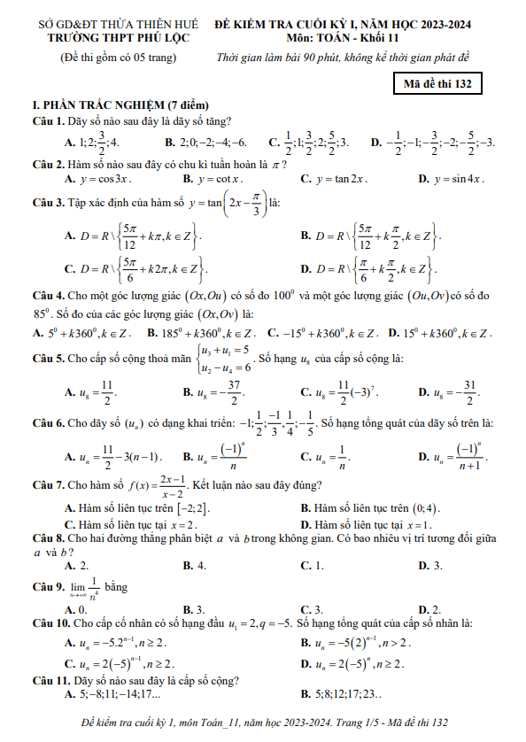 Đề cuối kỳ 1 Toán 11 năm 2023 2024 trường THPT Phú Lộc TT Huế