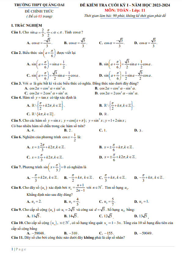 Đề cuối kỳ 1 Toán 11 năm 2023 2024 trường THPT Quảng Oai Hà Nội