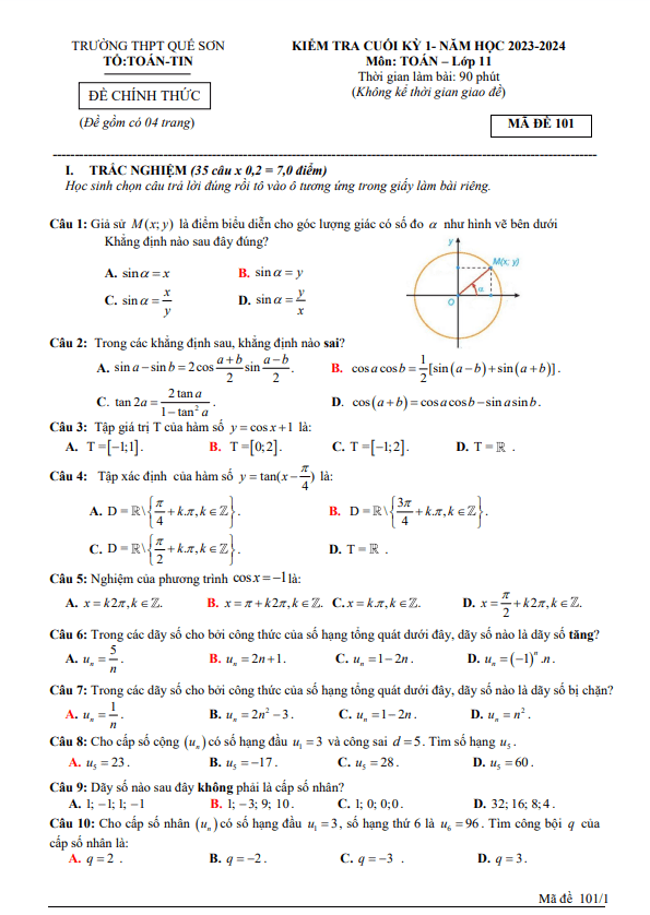 Đề cuối kỳ 1 Toán 11 năm 2023 2024 trường THPT Quế Sơn Quảng Nam