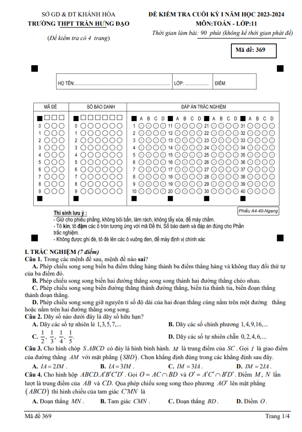 Đề cuối kỳ 1 Toán 11 năm 2023 2024 trường THPT Trần Hưng Đạo Khánh Hòa