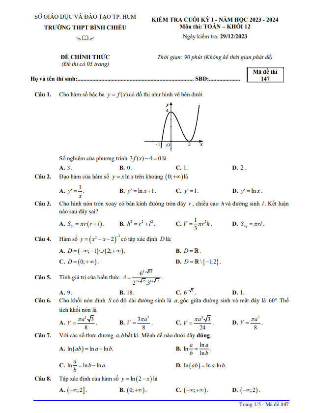 Đề cuối kỳ 1 Toán 12 năm 2023 2024 trường THPT Bình Chiểu TP HCM