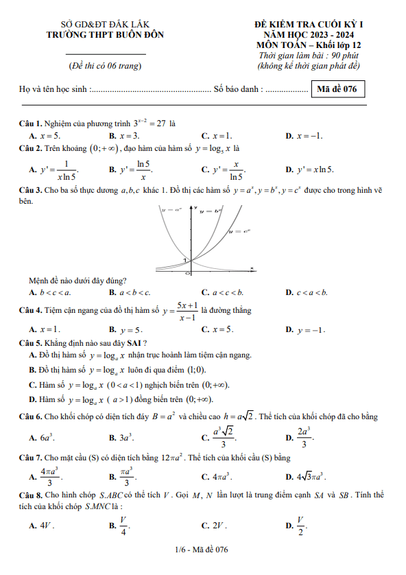 Đề cuối kỳ 1 Toán 12 năm 2023 2024 trường THPT Buôn Đôn Đắk Lắk
