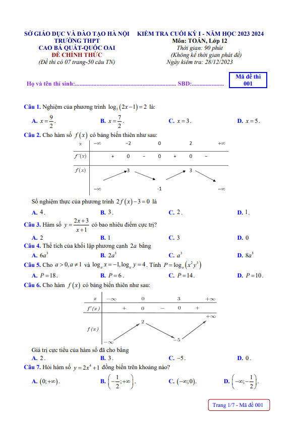 Đề cuối kỳ 1 Toán 12 năm 2023 2024 trường THPT Cao Bá Quát Hà Nội