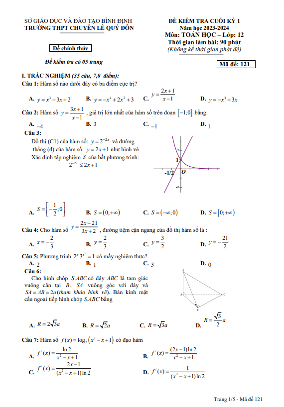 Đề cuối kỳ 1 Toán 12 năm 2023 2024 trường THPT chuyên Lê Quý Đôn Bình Định