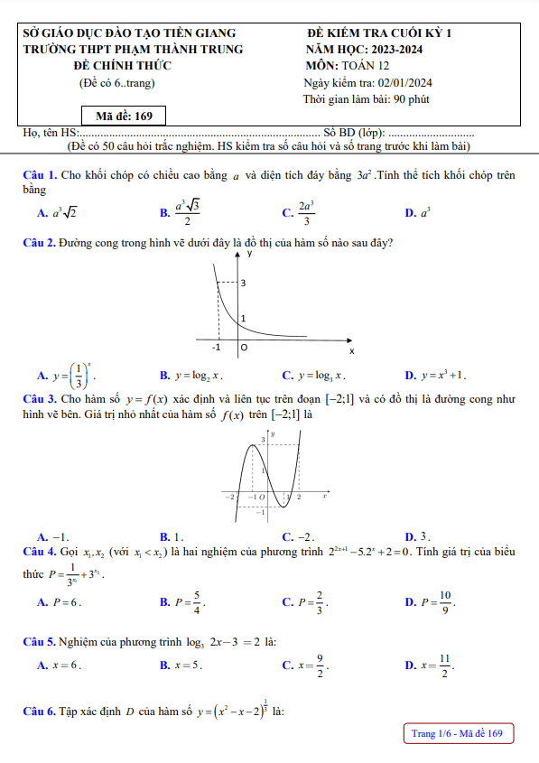 Đề cuối kỳ 1 Toán 12 năm 2023 2024 trường THPT Phạm Thành Trung Tiền Giang