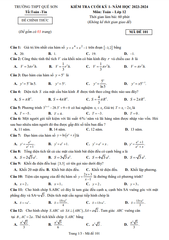 Đề cuối kỳ 1 Toán 12 năm 2023 2024 trường THPT Quế Sơn Quảng Nam