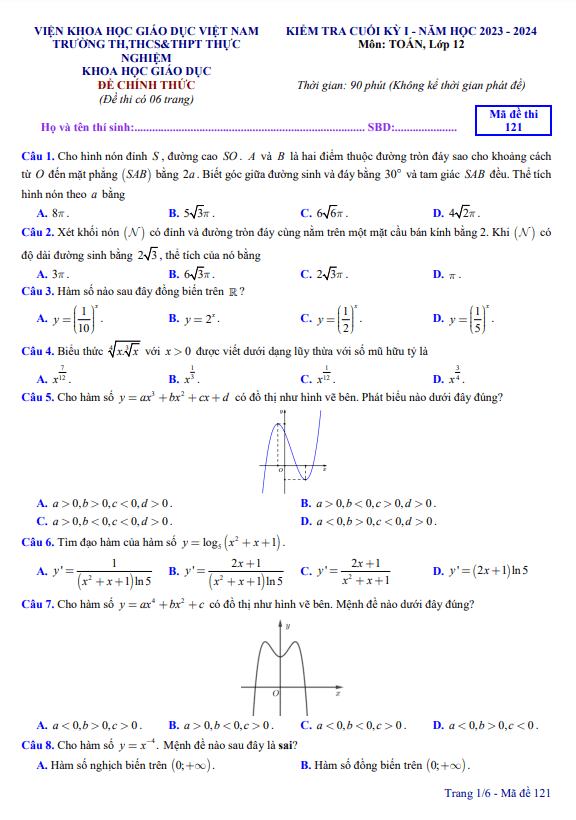 Đề cuối kỳ 1 Toán 12 năm 2023 2024 trường Thực Nghiệm Khoa Học Giáo Dục Hà Nội