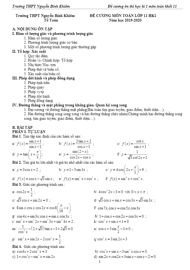 Đề cương HK1 Toán 11 năm 2019 2020 trường Nguyễn Bỉnh Khiêm Gia Lai