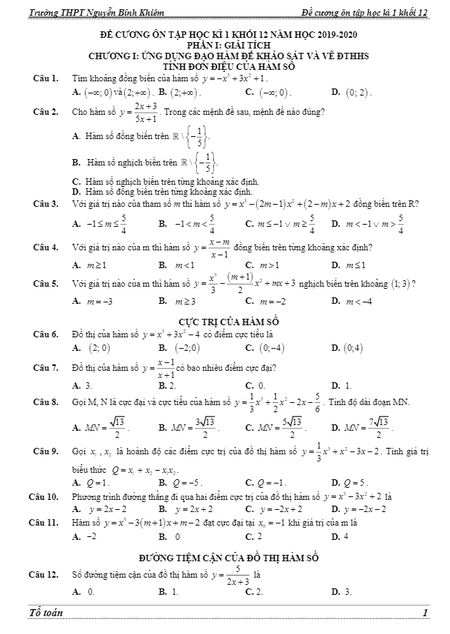 Đề cương HK1 Toán 12 năm 2019 2020 trường Nguyễn Bỉnh Khiêm Gia Lai