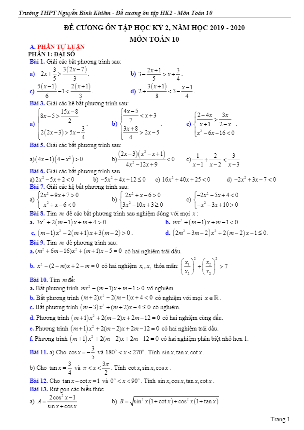 Đề cương HK2 Toán 10 năm 2019 2020 trường Nguyễn Bỉnh Khiêm Gia Lai