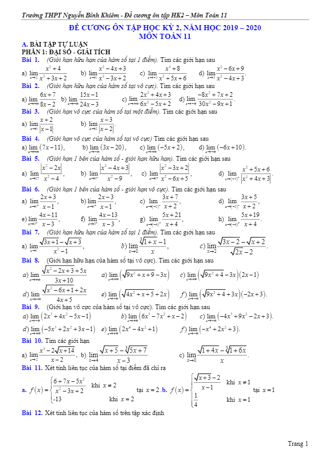 Đề cương HK2 Toán 11 năm 2019 2020 trường Nguyễn Bỉnh Khiêm Gia Lai