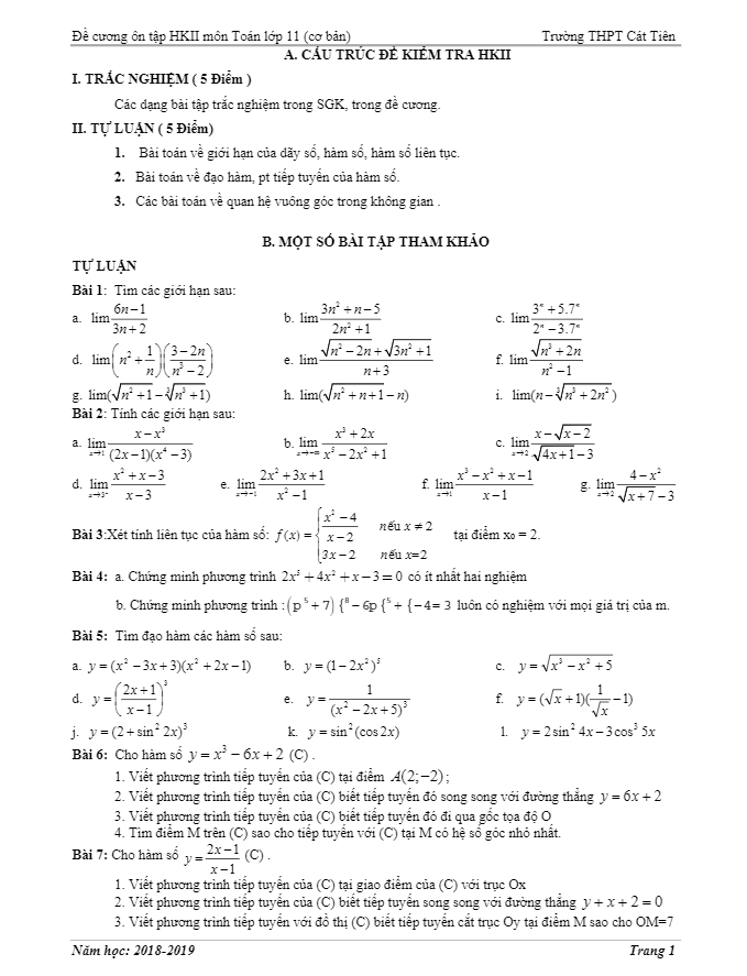 Đề cương học kì 2 Toán 11 năm 2018 2019 trường Cát Tiên Lâm Đồng
