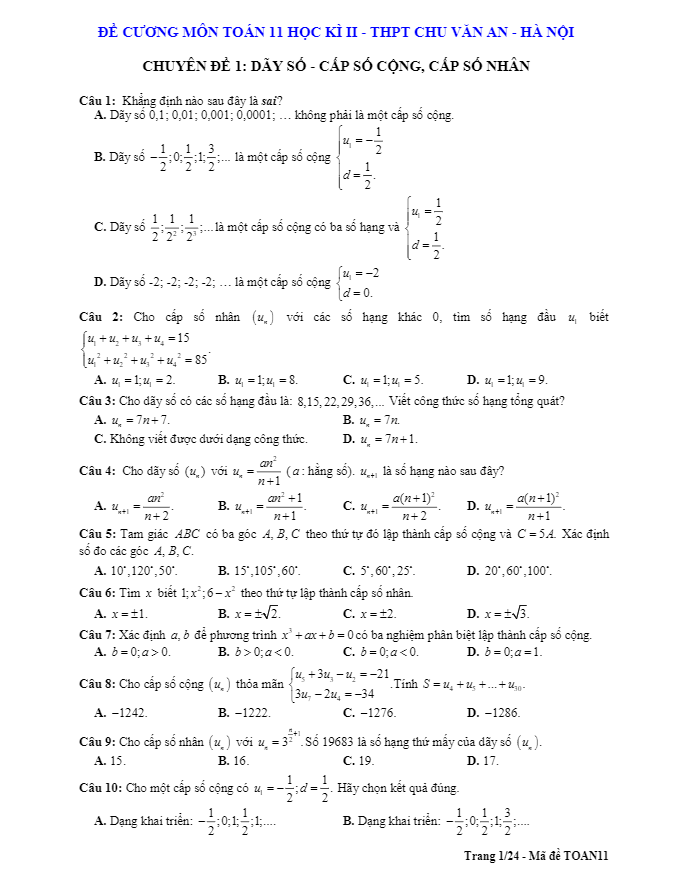 Đề cương học kì 2 Toán 11 năm 2018 2019 trường Chu Văn An Hà Nội