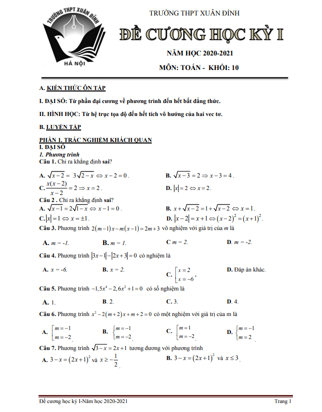 Đề cương học kỳ 1 Toán 10 năm 2020 2021 trường THPT Xuân Đỉnh Hà Nội