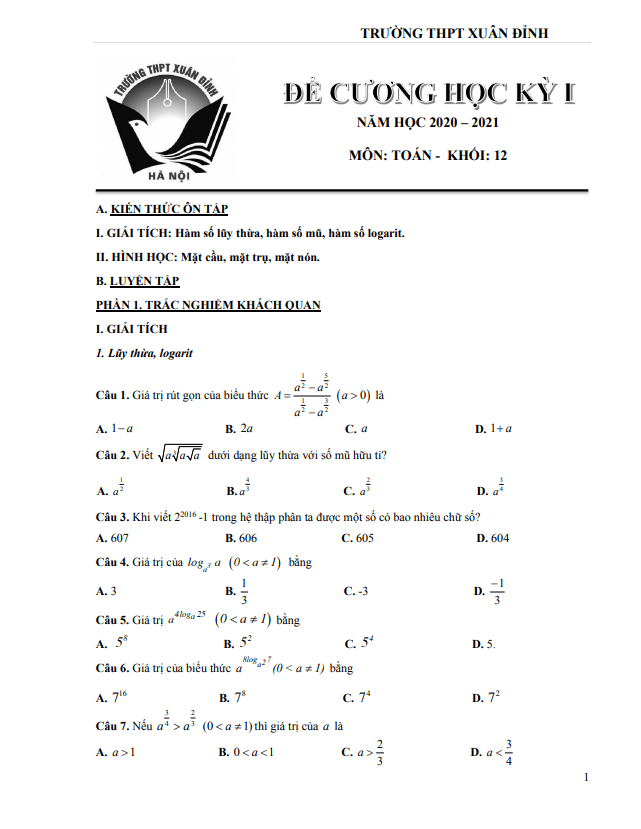Đề cương học kỳ 1 Toán 12 năm 2020 2021 trường THPT Xuân Đỉnh Hà Nội