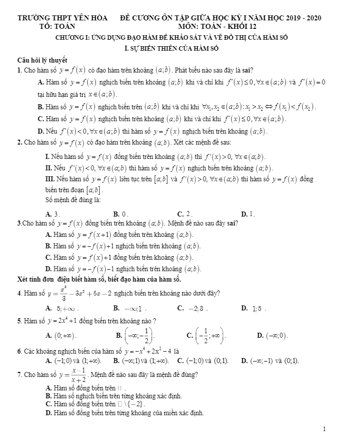 Đề cương ôn tập giữa HK1 Toán 12 năm 2019 2020 trường Yên Hòa Hà Nội