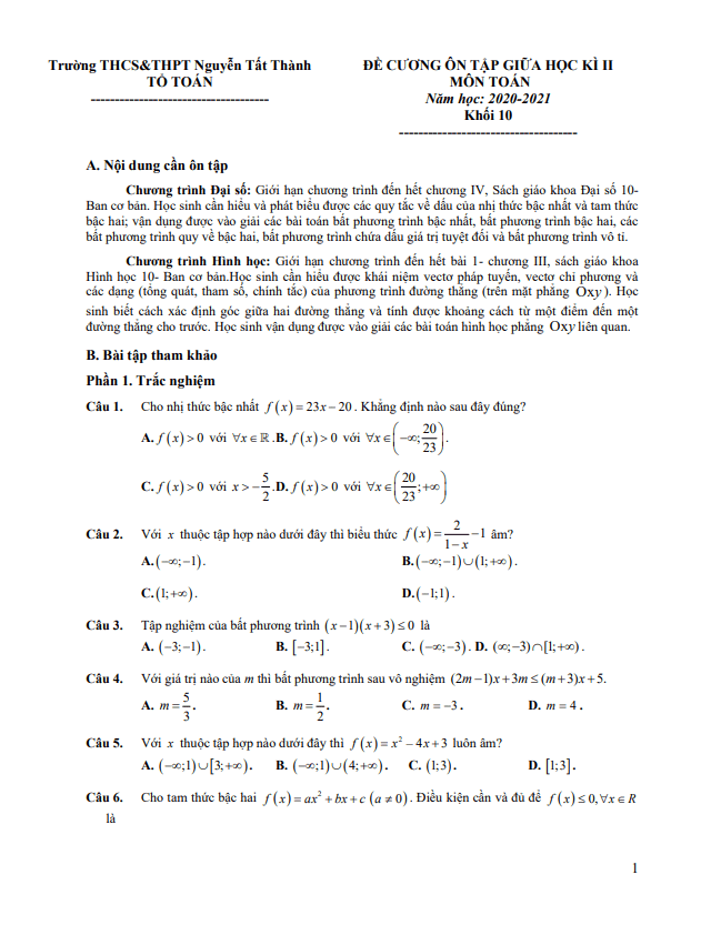 Đề cương ôn tập giữa HK2 Toán 10 năm 2020 2021 trường Nguyễn Tất Thành Hà Nội