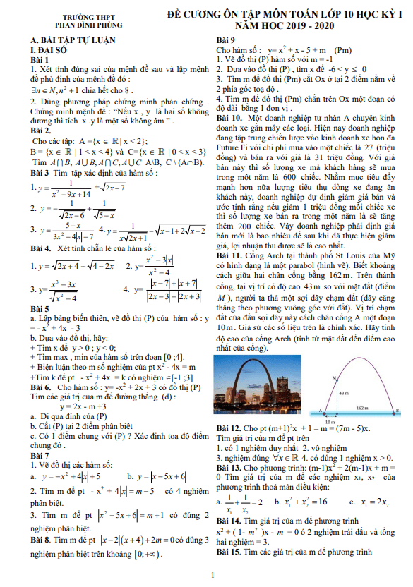 Đề cương ôn tập HK1 Toán 10 năm 2019 2020 trường THPT Phan Đình Phùng Hà Nội