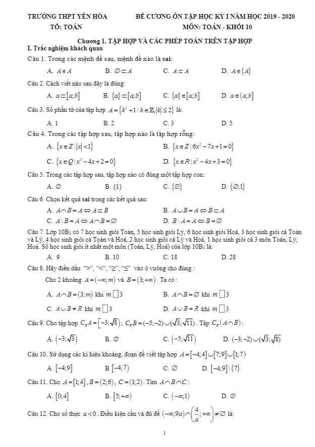 Đề cương ôn tập HK1 Toán 10 năm 2019 2020 trường Yên Hòa Hà Nội