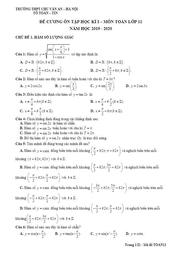 Đề cương ôn tập HK1 Toán 11 năm 2019 2020 trường Chu Văn An Hà Nội