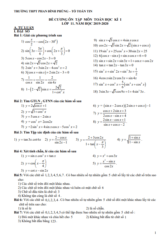 Đề cương ôn tập HK1 Toán 11 năm 2019 2020 trường THPT Phan Đình Phùng Hà Nội