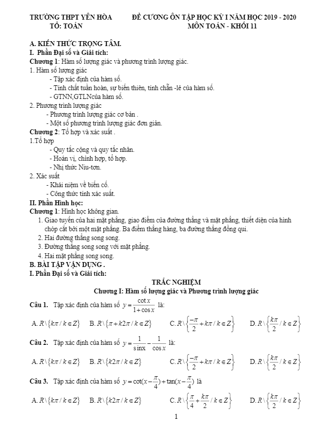 Đề cương ôn tập HK1 Toán 11 năm 2019 2020 trường Yên Hòa Hà Nội