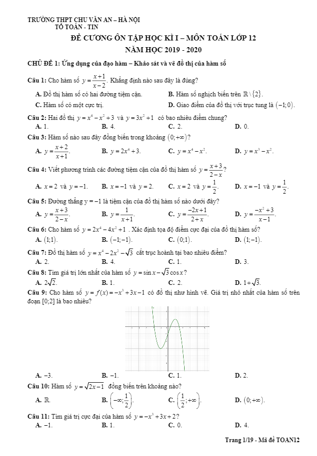Đề cương ôn tập HK1 Toán 12 năm 2019 2020 trường Chu Văn An Hà Nội
