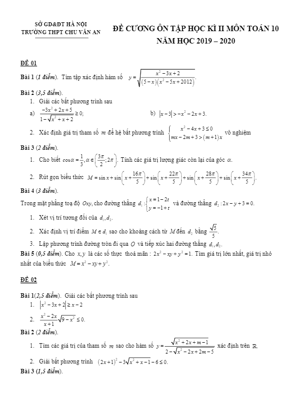 Đề cương ôn tập HK2 Toán 10 năm 2019 – 2020 trường Chu Văn An – Hà Nội