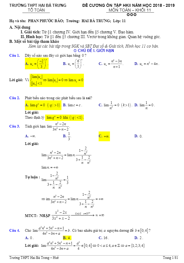 Đề cương ôn tập HK2 Toán 11 năm 2018 2019 trường Hai Bà Trưng TT Huế